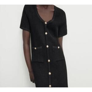 Massimo Dutti Black Mini Dress Gold Button Knit Short Sleeve S NWT Dark Academia